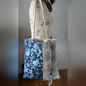 Jelly And‎ Jenny Floral ,Lace Blue and Cream Tote Bag